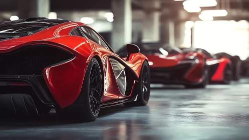 Red supercars lined in a dim underground garage.