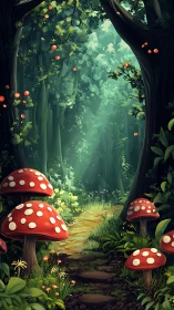 Enchanted Forest Path with Red Mushrooms and Floating Orbs