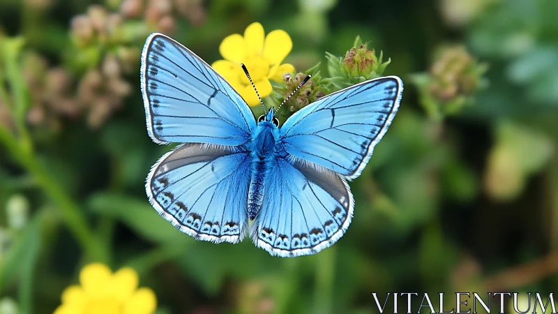 Macro study of a blue butterfly on yellow wildflower bloom.