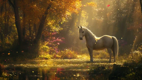 Luminous white horse in backlit autumn forest clearing stands