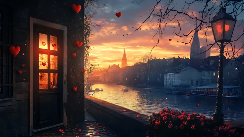 Romantic Venice canal sunset with algorithmic light simulation and atmospheric color grading