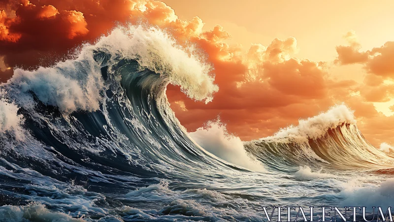 Sunset storm waves crown the sea in blazing gold and foam.