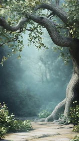Ancient gnarled tree with twisted trunk frames misty forest path