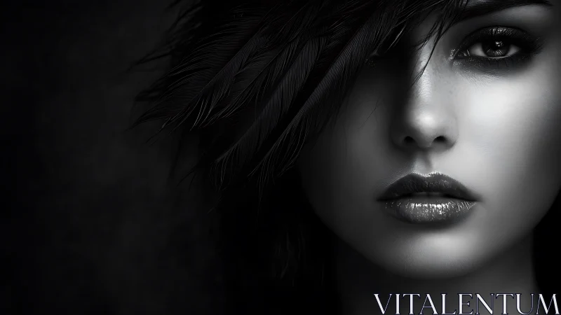 Monochrome feather-veiled portrait with high-gloss lips study.