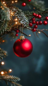 Cozy red Christmas ornament glowing on frosted pine branch.