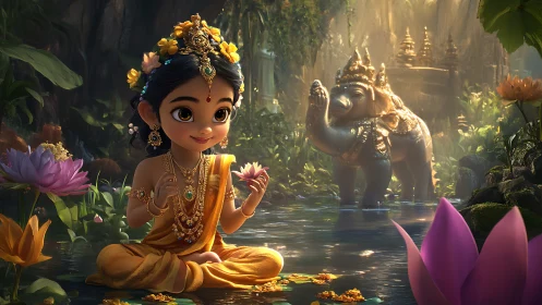 Divine child meditates by lotus pond in enchanted temple garden.