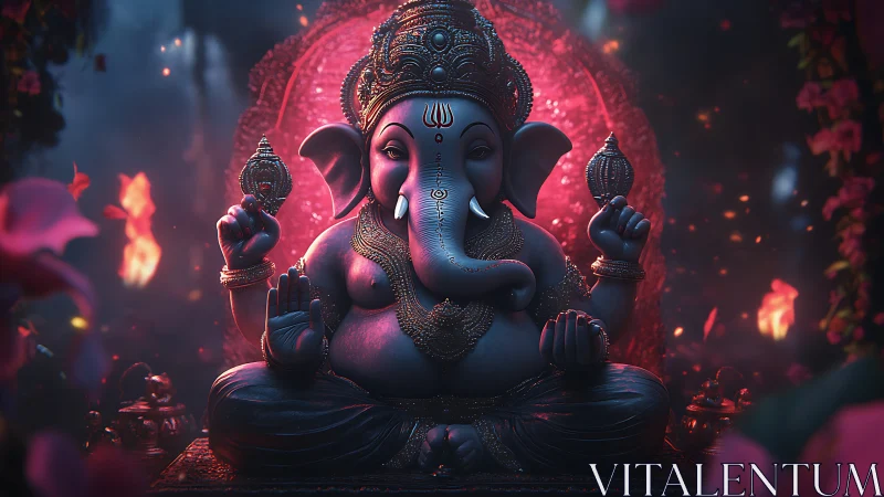 Ganesh idol glows under neon pink halo in smoky shrine.