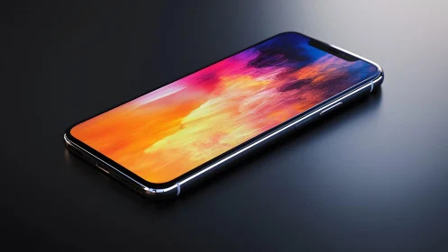Modern smartphone with vibrant abstract display on dark surface.