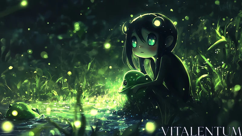 Frog girl gazes over glowing pond under dense nighttime foliage