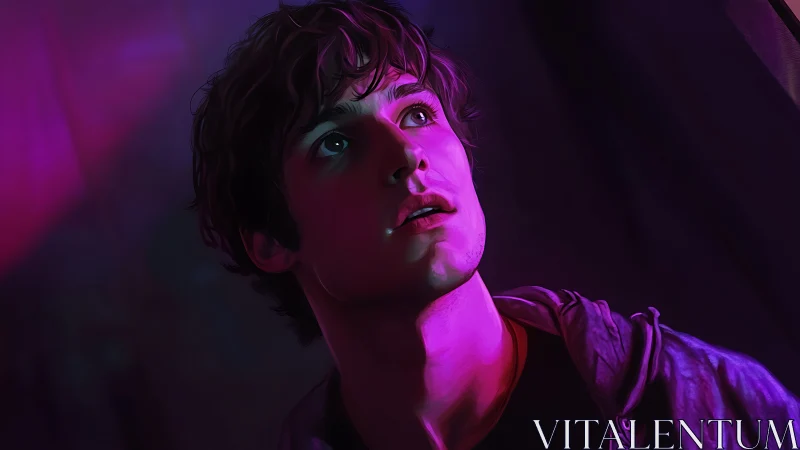 Young man under neon light gazes upward in quiet awe.