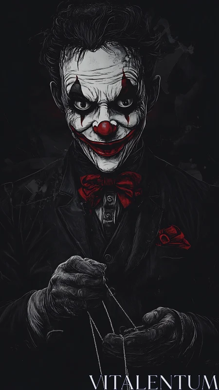 Sinister clown puppet master in stark red and black portrait.