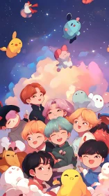 Cartoon group portrait with plush toys in cloudscape sky.