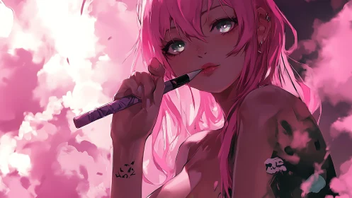 Pink haired anime girl with vape in glowing clouds.