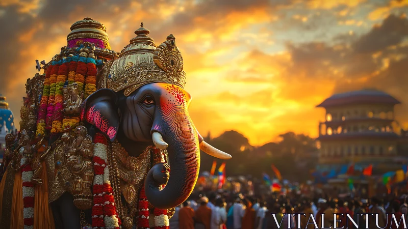 Caparisoned festival elephant walks before glowing sunset sky