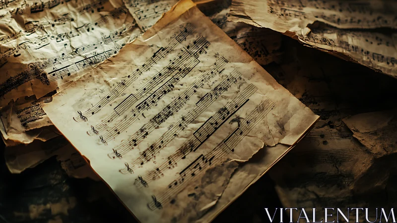 Timeworn sheet music scattered in warm dramatic light.