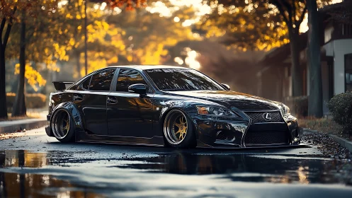 Stanced black Lexus IS sedan on wet autumn street at dusk