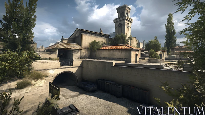 Mediterranean fortress courtyard in tactical game environment.