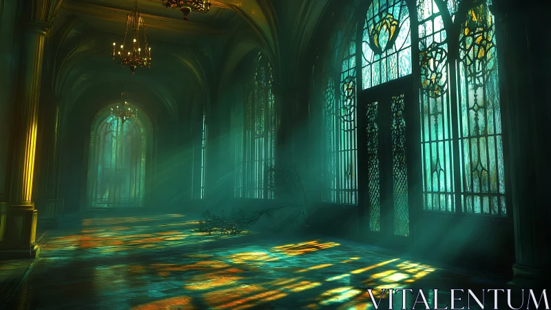 Sunlit abandoned hall with teal stained glass windows.