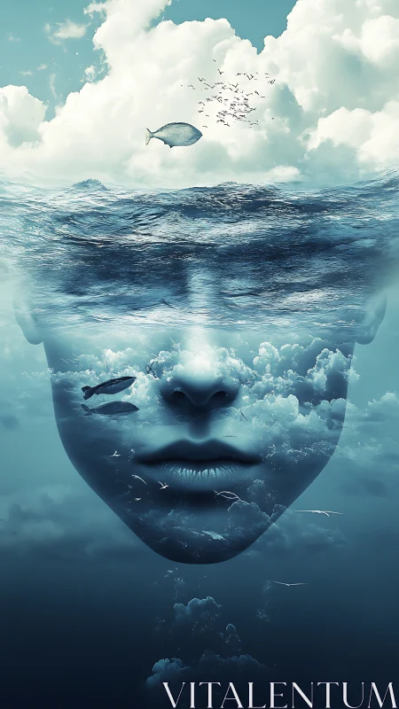Oceanic dreamscape portrait with cloud-laden human visage.
