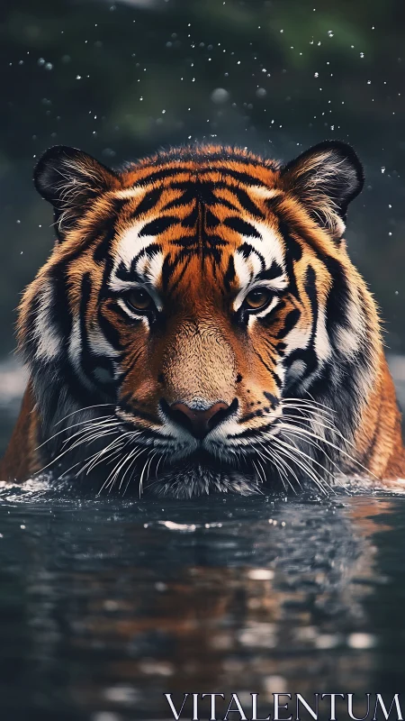 Tiger strides through dark water with intense, focused gaze.
