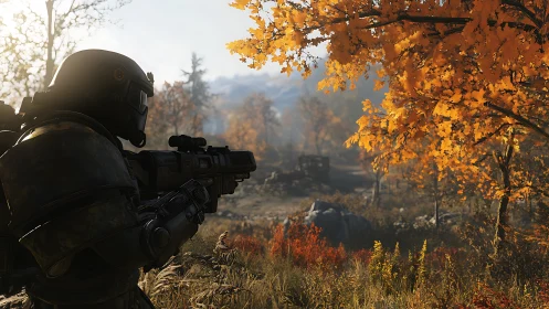 Armored wanderer aiming through autumn afterglow woods.