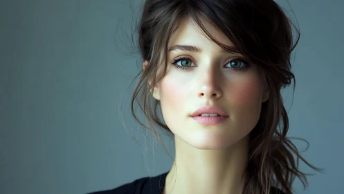 Female portrait with neutral expression against gray background.