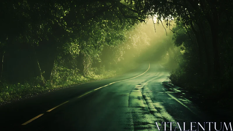 Sunlit forest road curving gently into quiet morning mist.