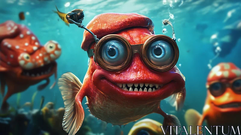Quirky cartoon fish with goggles in bright underwater scene.