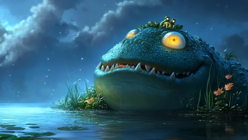 Moonlit bog behemoth grins beneath firefly-blue night.