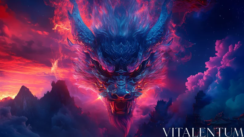 Fiery celestial dragon head erupts over twilight mountains
