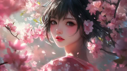 Spring blossom maiden in dreamy soft-focus petalscape.