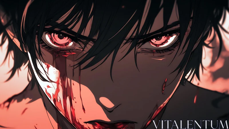 Bloodstreaked anime warrior locks gaze in brutal resolve.