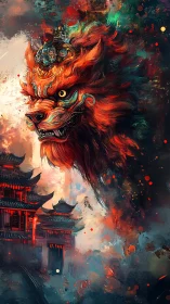 Fiery guardian spirit looms above neon-lit ancient temple gate.