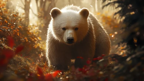 Young bear in sunlit autumn forest with glowing haze.