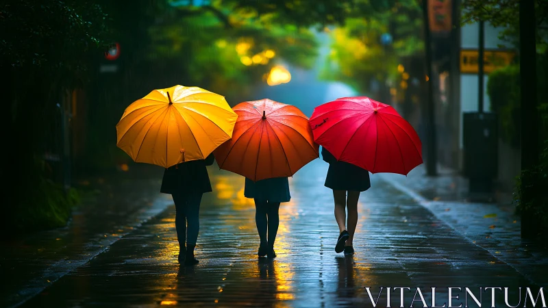 Three pedestrians walk with umbrellas along wet urban street