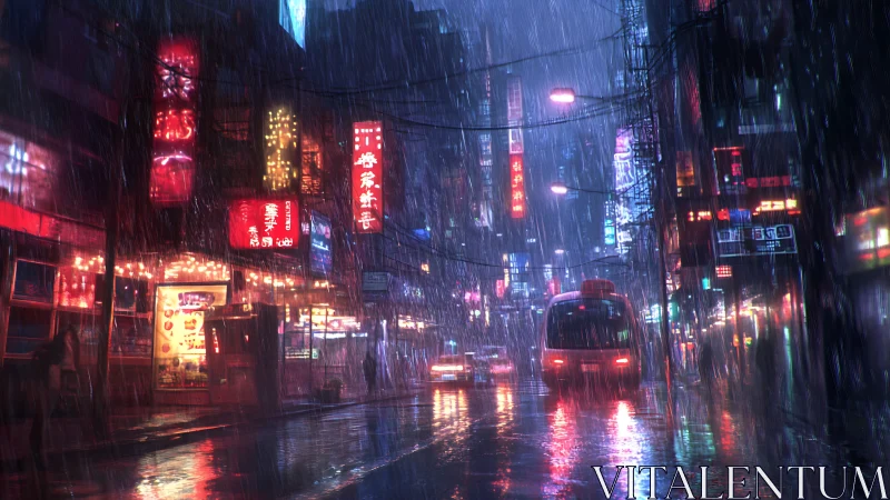 Neon city street glowing softly through a midnight rainstorm.