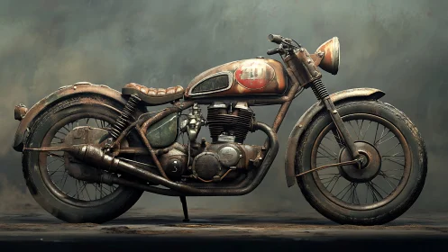 Rustic vintage motorcycle rendered with detailed metal wear