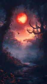 Red celestial body above misty forest stream at dusk.