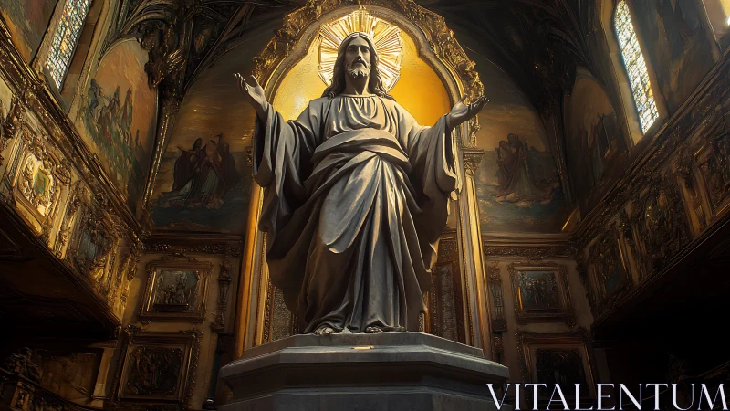 Monumental robed statue stands beneath radiant altar halo