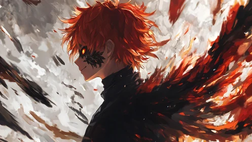 Fiery winged warrior stands amid swirling ash and embers