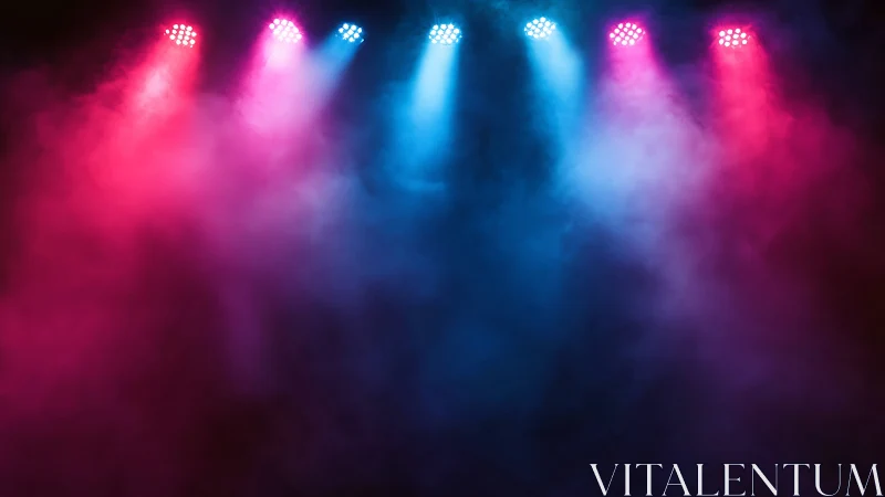 Stage lights cast colorful beams through drifting smoke.