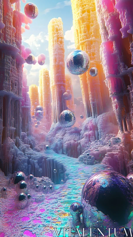 Iridescent crystal canyons with floating chrome spheres.