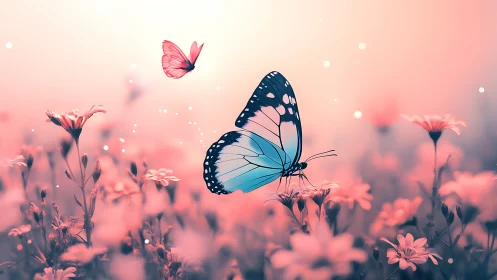 Soft sunrise meadow with dreamy blue and pink butterflies.
