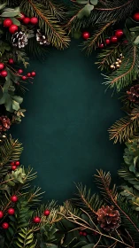 Christmas pine border with red berries on dark green background.
