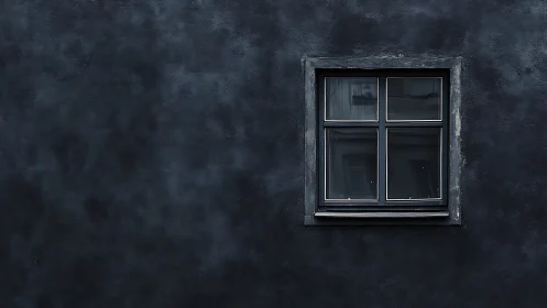Dark rendered stucco fa&ccedil;ade with single recessed window and reflections