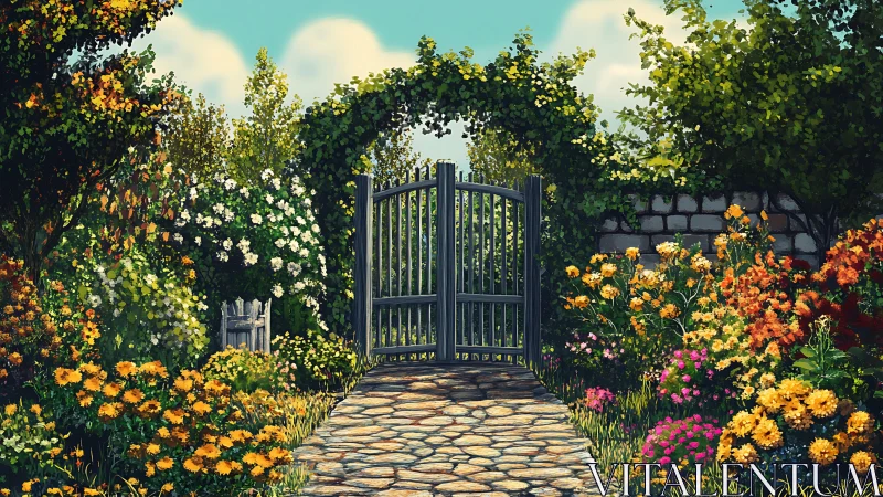 Garden gate among flowering borders under clear sky.