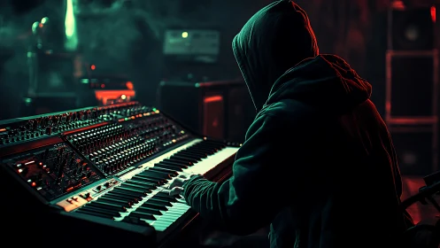 Hooded electronic musician programs analog synth under neon light