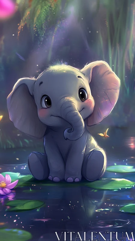Stylized young elephant sits on lily pads in soft lighting