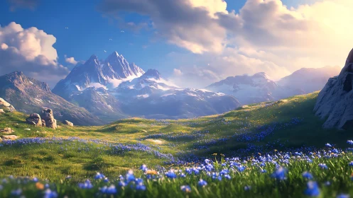 Sunlit alpine meadow below towering snowcapped peaks.