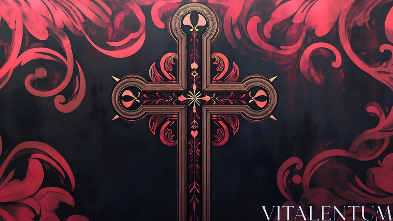 Decorative cross with ornate red flourishes on dark field.
